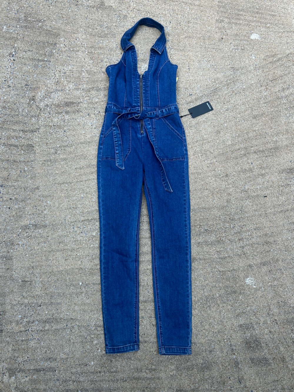 NWT True Religion Dark Blue Denim Halter Jumpsuit with Tie Waist - Picture 11 of 13